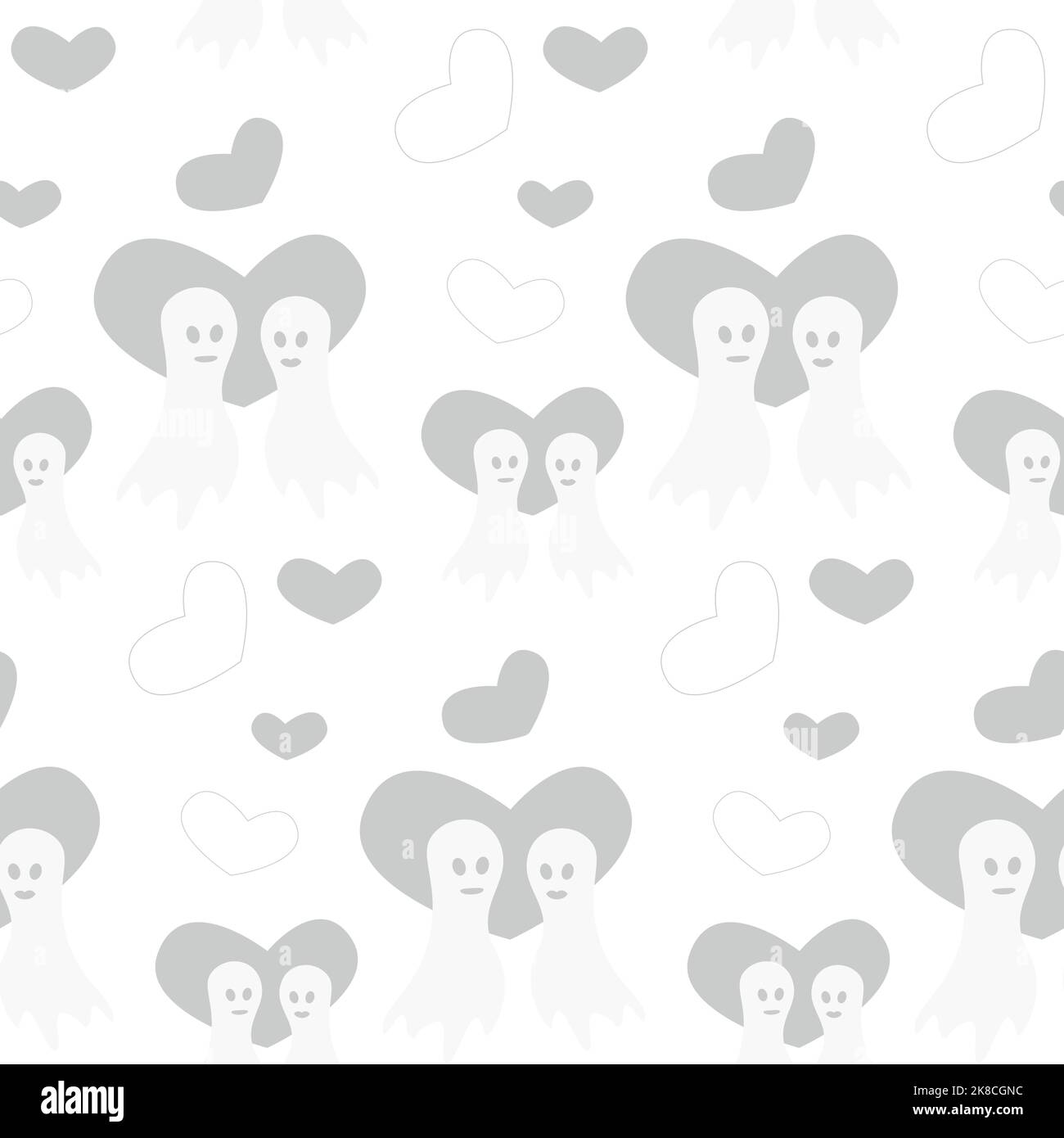 Motivo Halloween senza cuciture con due fantasmi in forme d'amore e cuore in tonalità di grigio alla moda. Isolare. Buon giorno di Halloween. Adatto per carta da imballaggio, poster, cartoline, biglietti d'auguri, prezzi, banner. Illustrazione Vettoriale