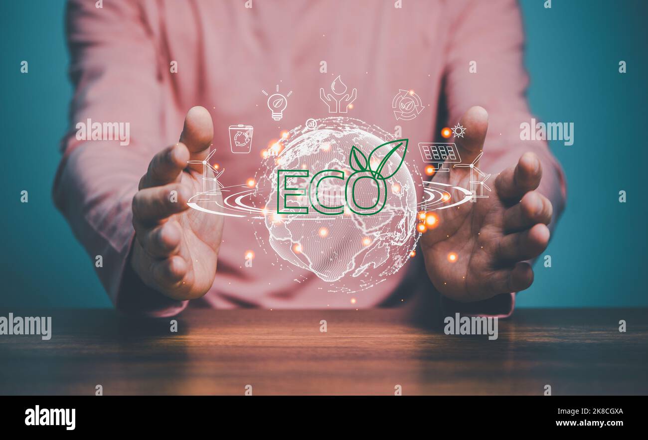 Eco-friendly, mano umana in possesso globale, Giornata della Terra. Risparmio energetico, concetto di energia ecologica. Foto Stock
