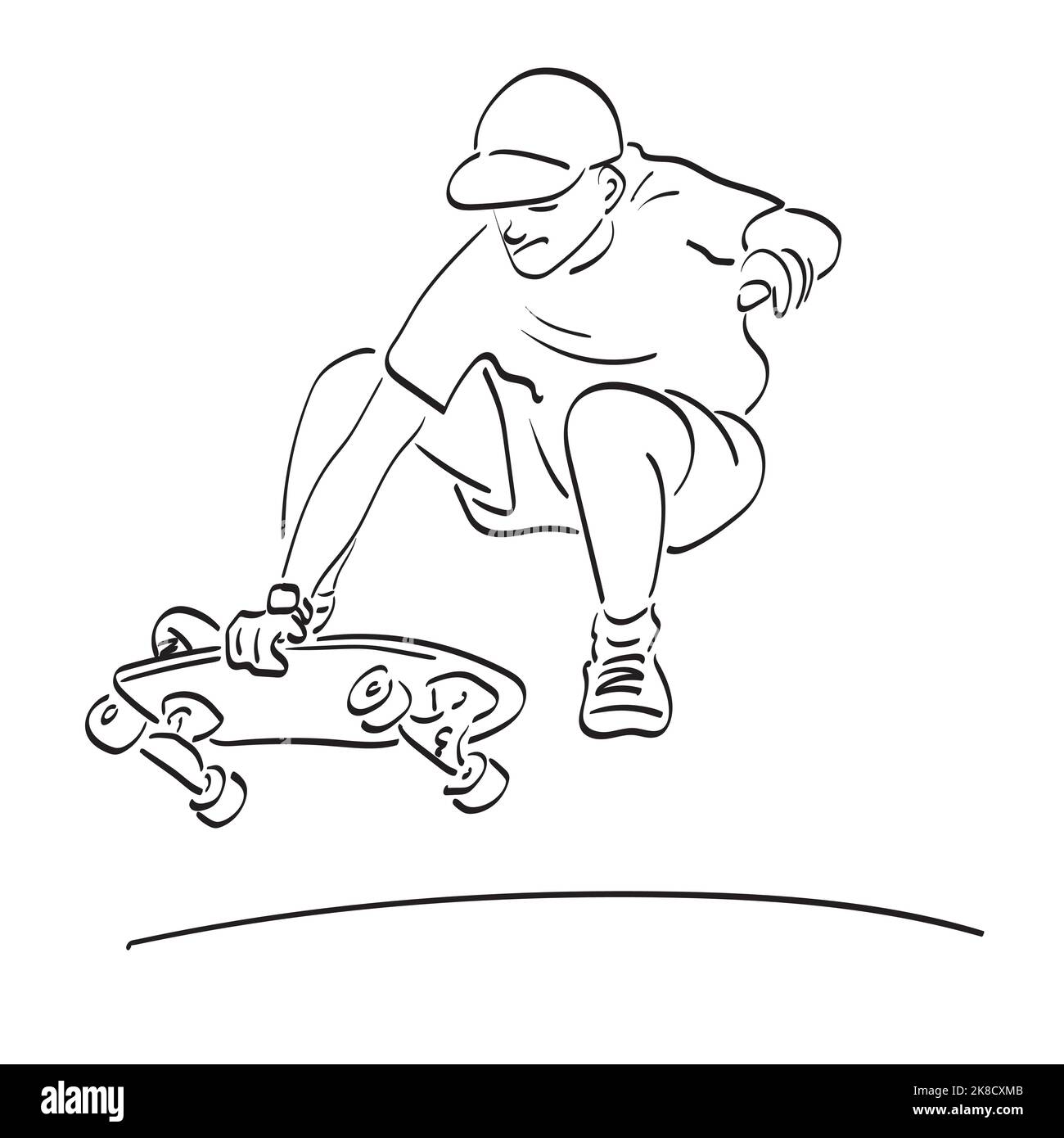 skateboarder maschile facendo un trucco vettore illustrazione disegnata a mano isolato su sfondo bianco linea art. Illustrazione Vettoriale