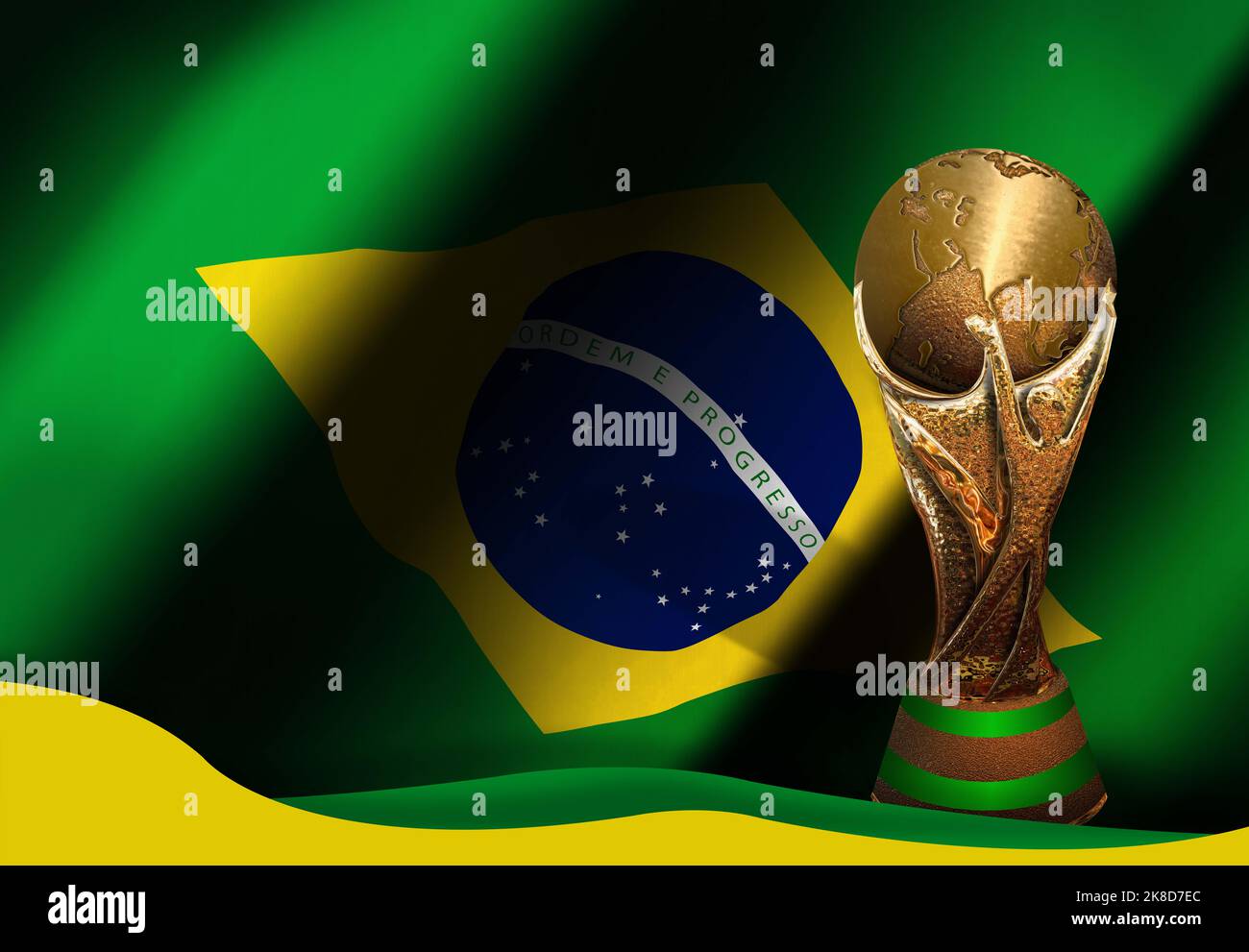 3d illustrazione sfondo bandiera brasile con trofeo di calcio Foto Stock