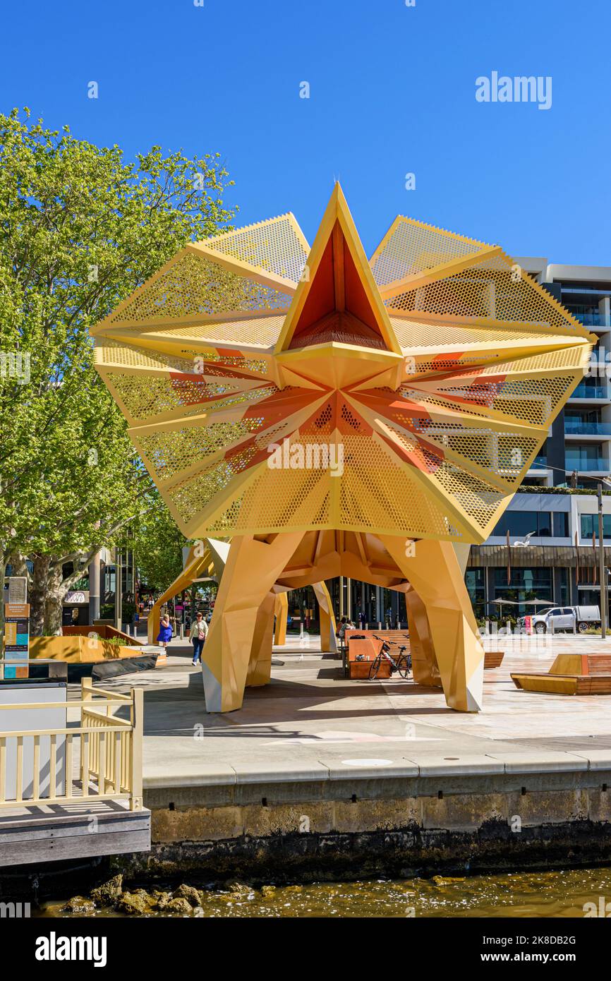 Baldacchino con nuance lucertola a collo fritto nella piazza all'estremità del fiume di Mends St, South Perth, Western Australia Foto Stock