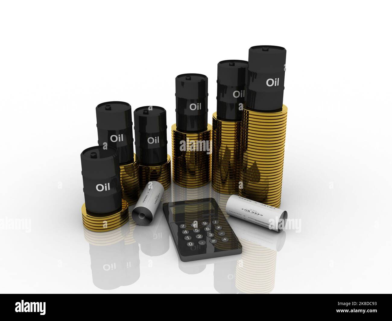 3d illustrazione tamburo d'olio con pile di monete dorate vicino alla calcolatrice Foto Stock