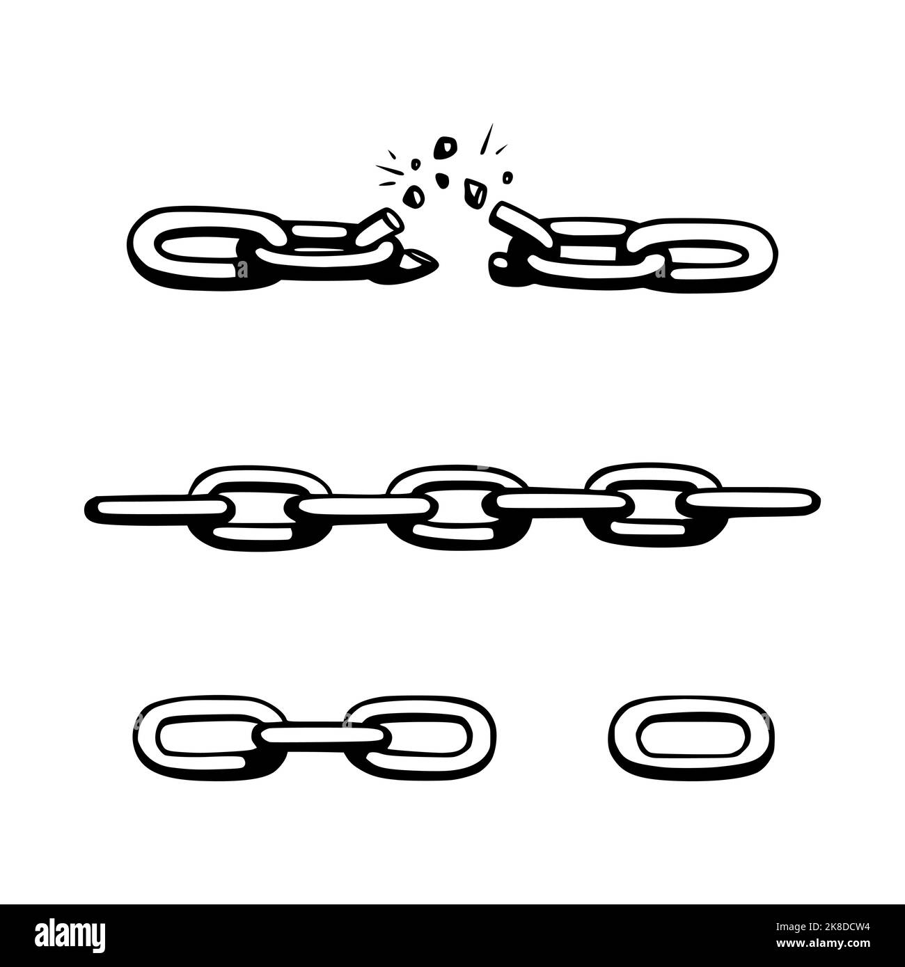 Catena rotta con frantumazione come simbolo di forza e di comunicazione errata. Schizzo delle catene metalliche. Illustrazione vettoriale isolata su sfondo bianco Illustrazione Vettoriale