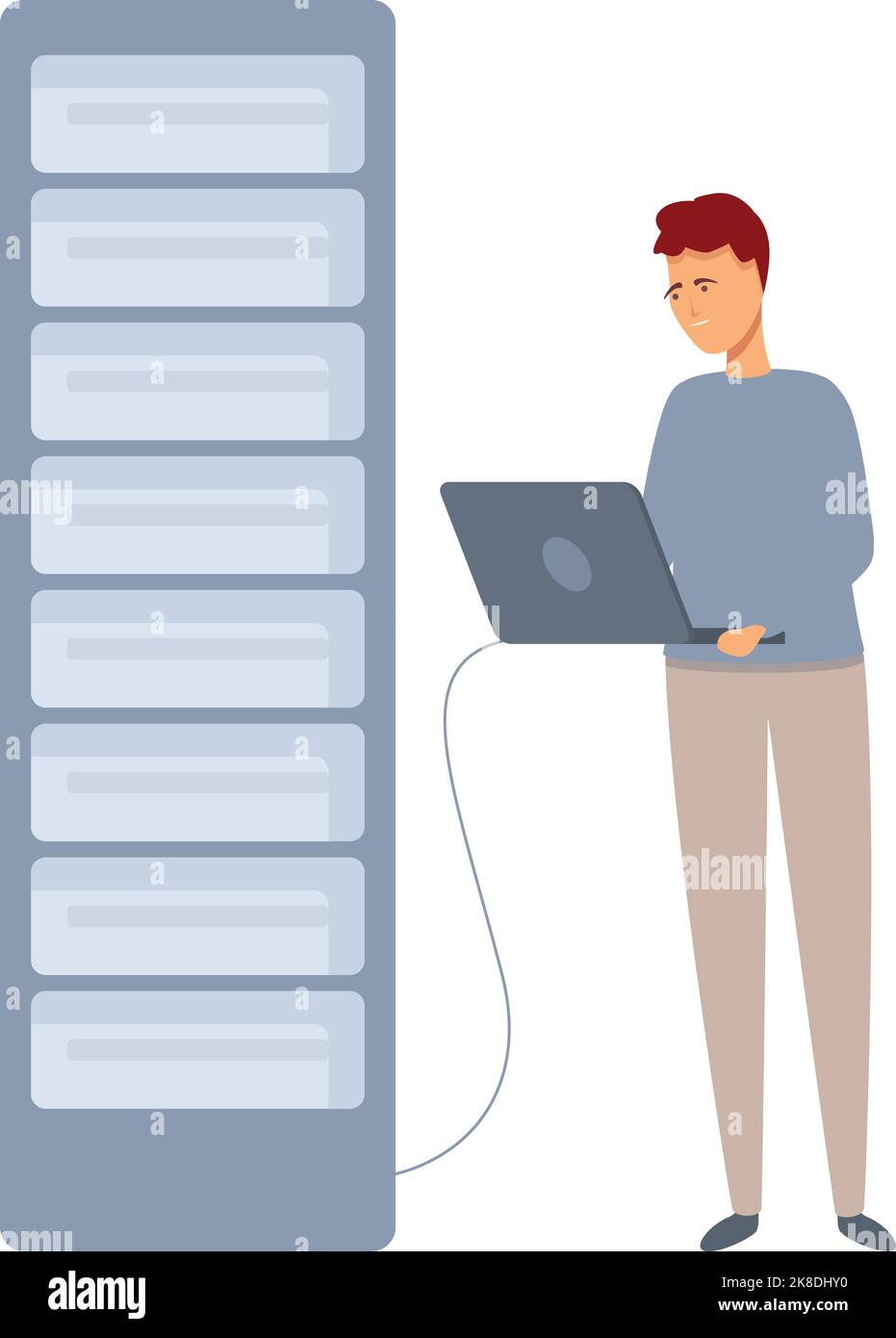 Vettore cartoon icona server VPS. Amministratore del computer. Rete di tecnici Illustrazione Vettoriale