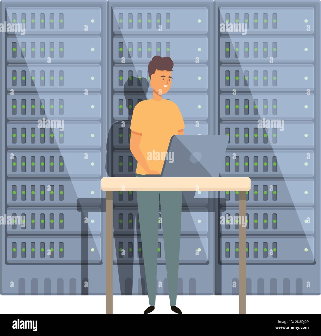 Vettore cartoon icona amministratore sala server. Rete di data center. Ospitare lavoratore Illustrazione Vettoriale