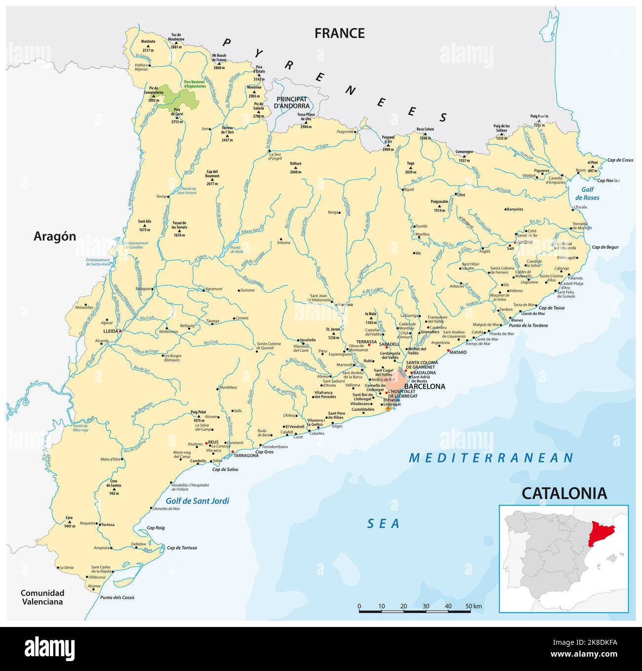 Mappa vettoriale della regione spagnola nord-orientale della Catalogna Foto Stock