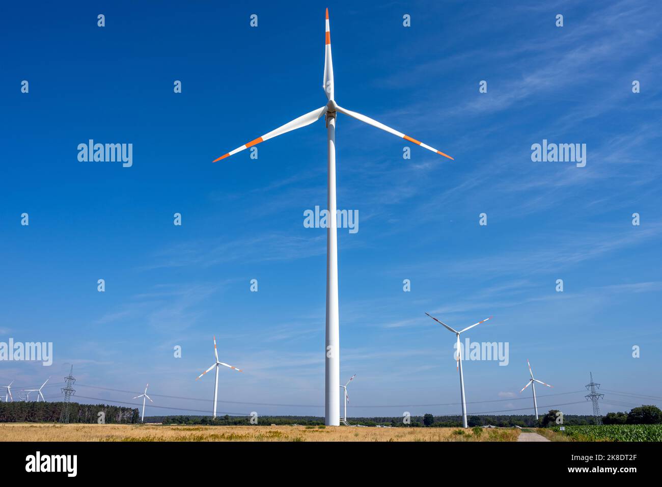 Moderne turbine eoliche con linee elettriche viste in Germania Foto Stock