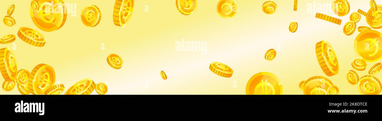 Diminuzione delle monete in euro dell'Unione europea. Monete d'oro euro sparse. Denaro europeo. Grande concetto di successo aziendale. Illustrazione vettoriale panoramica. Illustrazione Vettoriale