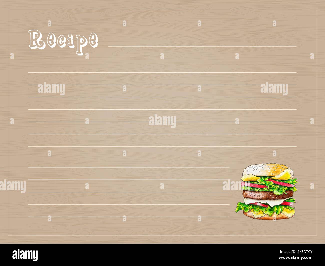 Ricetta carta rivestita su sfondo tavolo di legno. Banner con matita disegnata a mano per hamburger . Illustrazione vettoriale Illustrazione Vettoriale