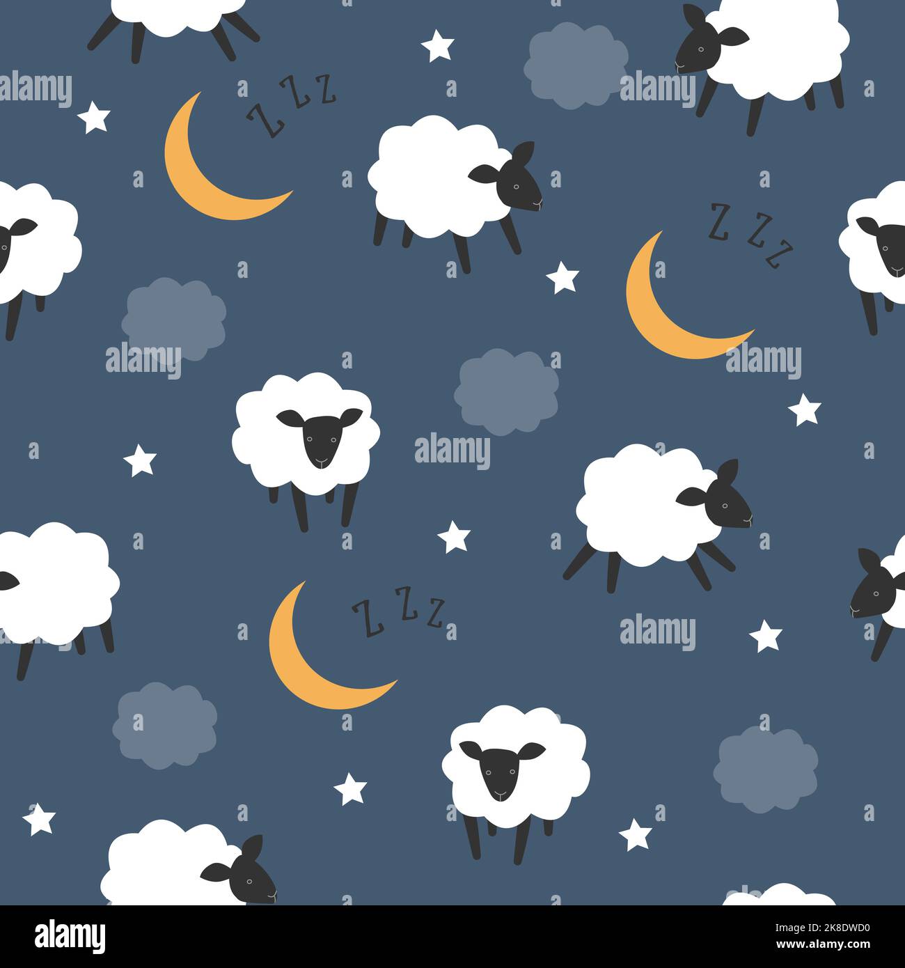 Modello senza cuciture con pecore, nuvole e lune sul cielo notturno. Illustrazione Vettoriale