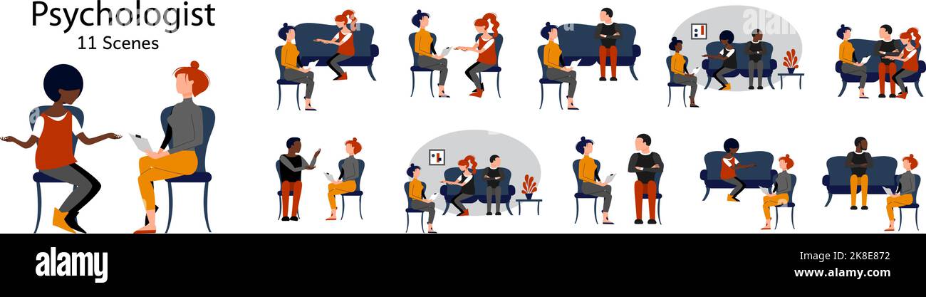 Set di psicologo consigliando persone singole e coppie. Illustrazione Vettoriale