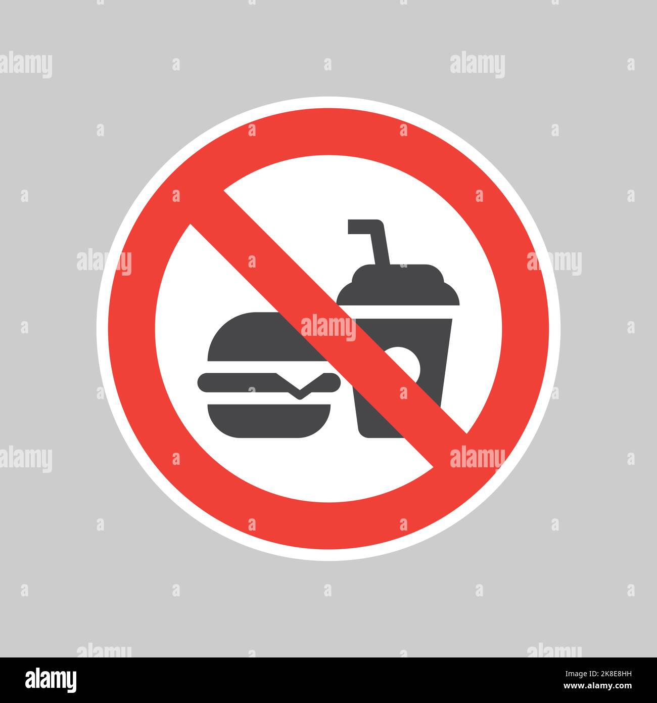 Nessun segno rosso di divieto di mangiare o bere. Nessun adesivo vettoriale per alimenti. Illustrazione Vettoriale