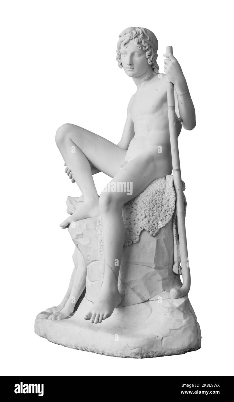 Antica statua. Scultura del Pastore di Bertel Thorvaldsen nel Museo statale dell'Eremo. Foto isolata con tracciato di ritaglio Foto Stock
