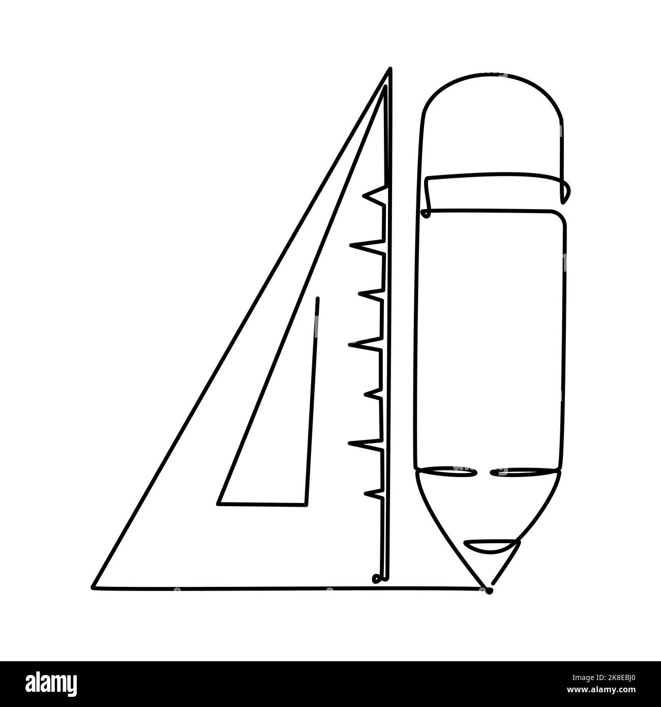 Disegno a linea singola di un righello triangolare e di una matita. Stazionari per attrezzature scolastiche. Ritorno a scuola o concetto di pensiero creativo Design semplice Illustrazione Vettoriale