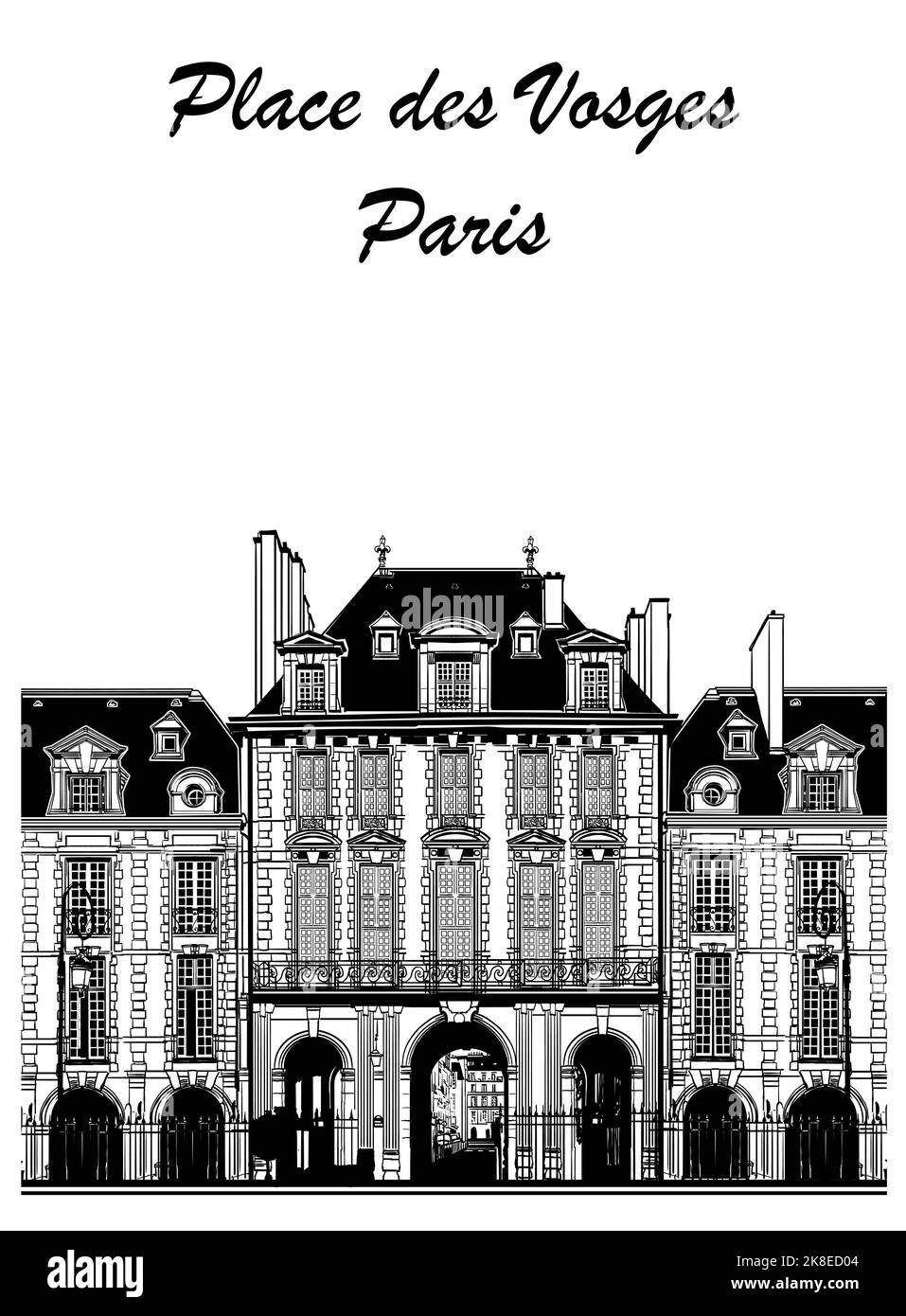 Disegno originale di Place des Vosges a Parigi - illustrazione vettoriale (ideale per la stampa su tessuto o carta, poster o carta da parati, decorazione della casa) Illustrazione Vettoriale