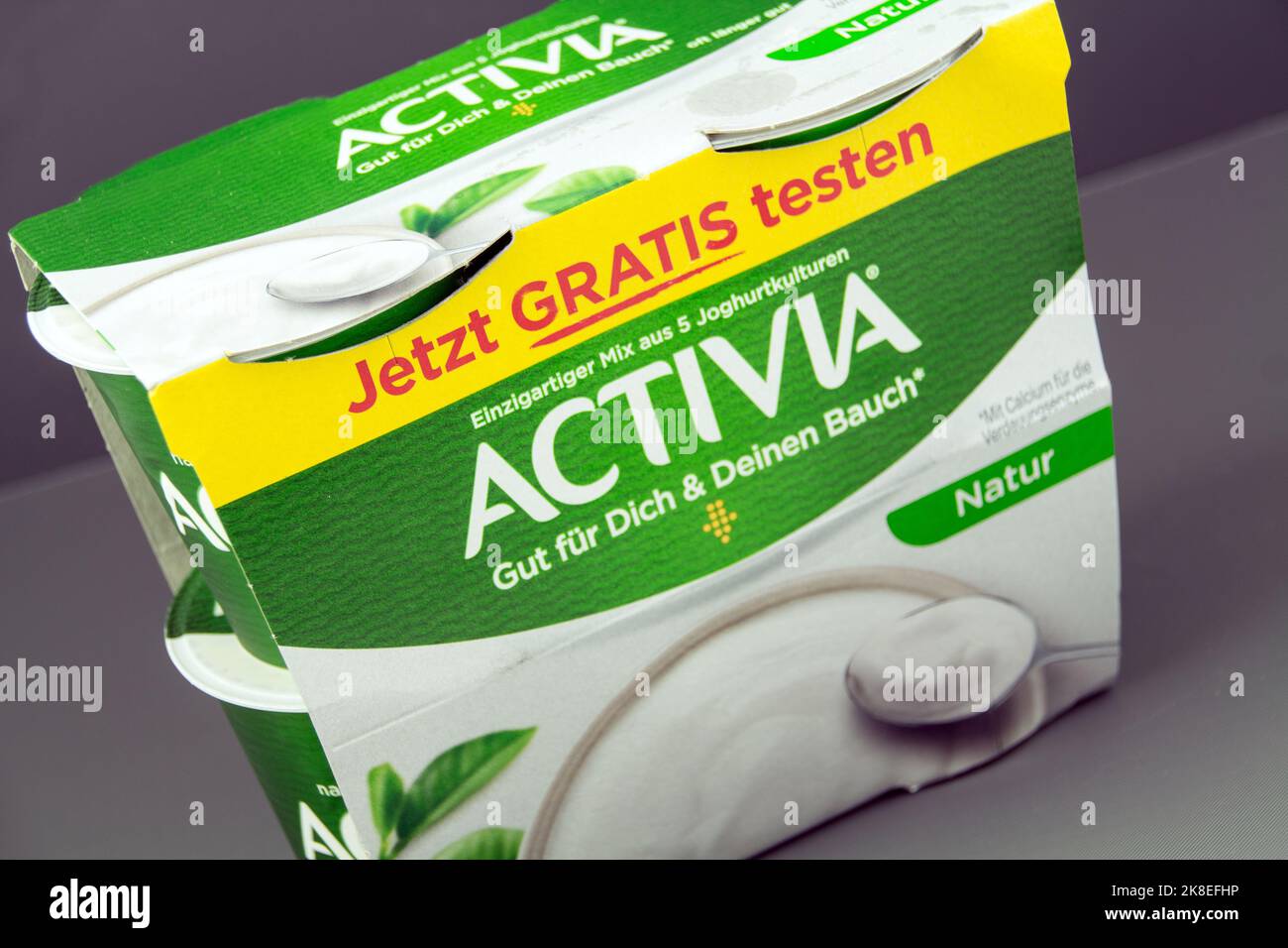 Amburgo, Germania - Oktober 23 2022: Activia Naturjoghurt auf grauem Hintergrund - yogurt naturale Activia su sfondo grigio Foto Stock