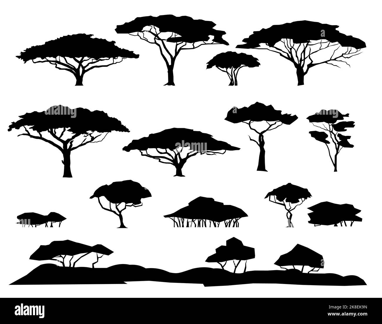 Set di piante. Savana africana paesaggio. Immagine della silhouette. Africa acacia albero. Isolato su sfondo bianco. Vettore Illustrazione Vettoriale