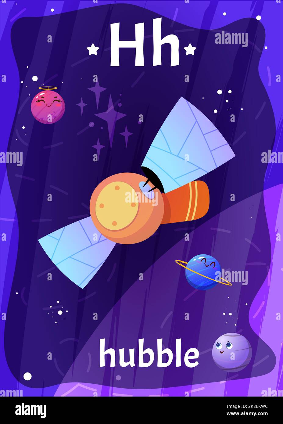 Flashcard dell'alfabeto spaziale stampabile con lettera H. Cartoon hubble telescopio spaziale, pianeti e parola inglese su scheda flash per l'educazione dei bambini. Carte bambini per insegnare la lettura in asilo, scuola. Illustrazione Vettoriale
