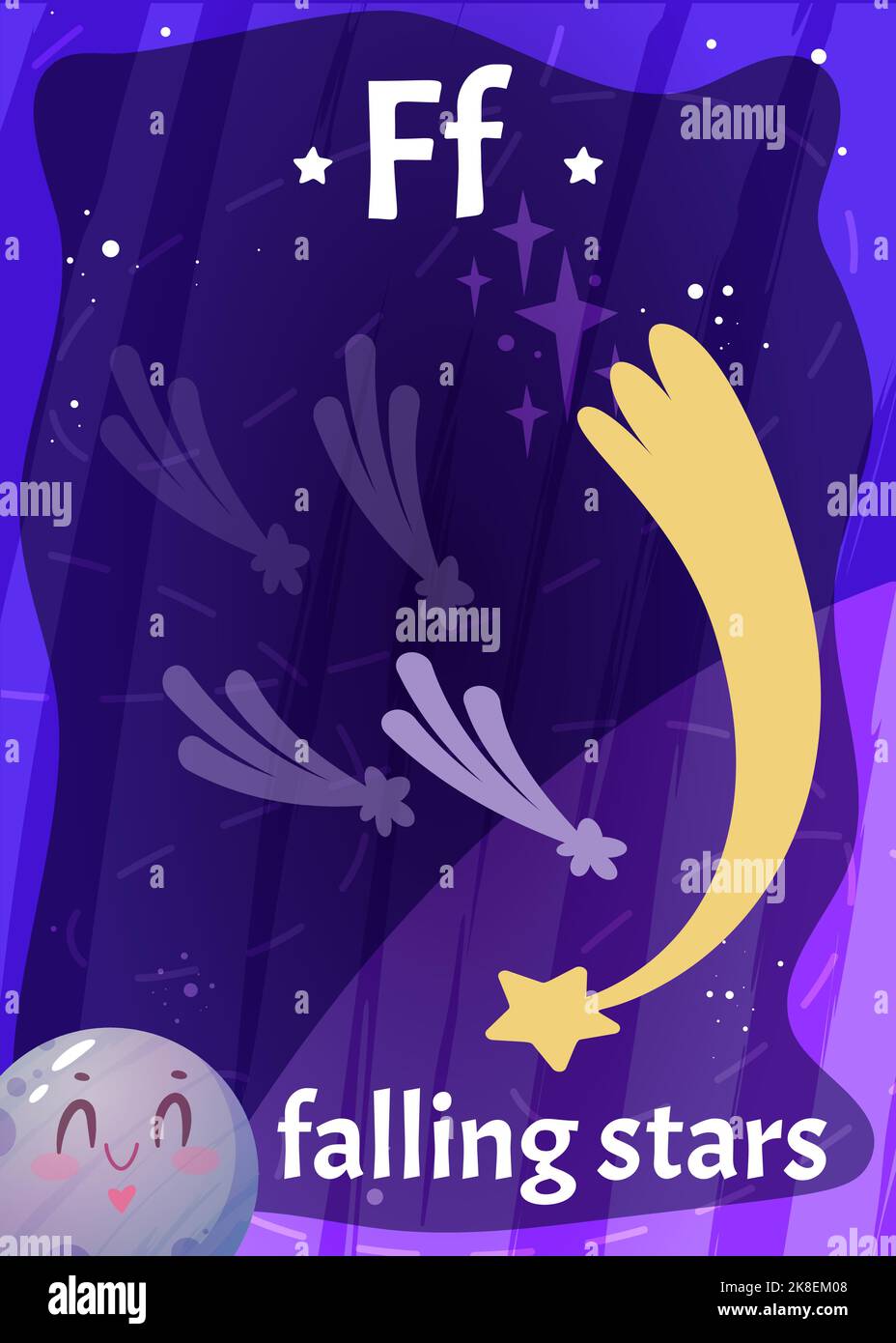 Carta flash dell'alfabeto dello spazio stampabile con lettera F. Cartoon stelle cadenti con parola inglese sulla scheda flash per l'educazione dei bambini. Carte bambini per insegnare la lettura in asilo o scuola elementare. Illustrazione Vettoriale