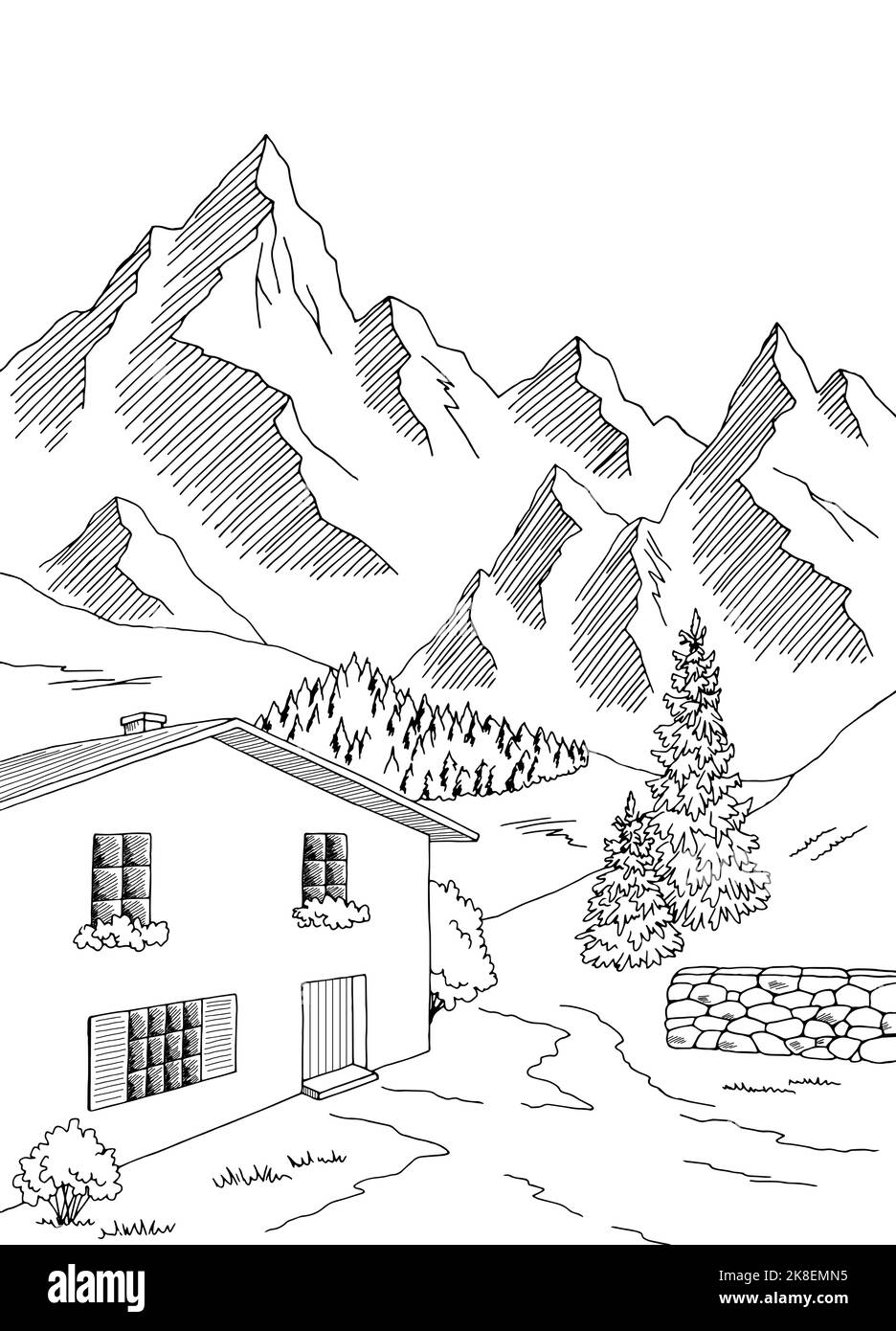 Villaggio montagna grafica nero bianco paesaggio rurale verticale schizzo vettore di illustrazione Illustrazione Vettoriale