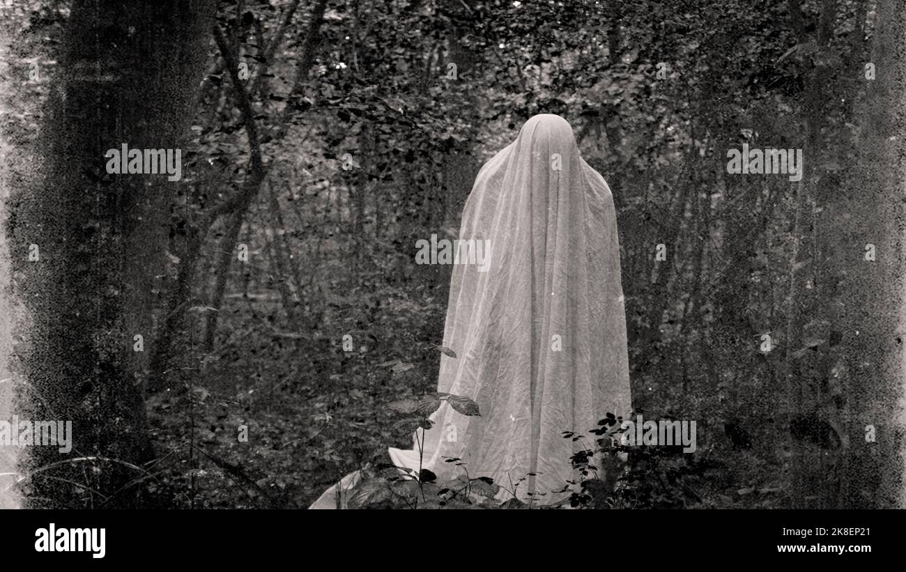 Un concetto soprannaturale di un fantasma spettrale con un foglio in una foresta. Con un vecchio editing di foto d'epoca Foto Stock