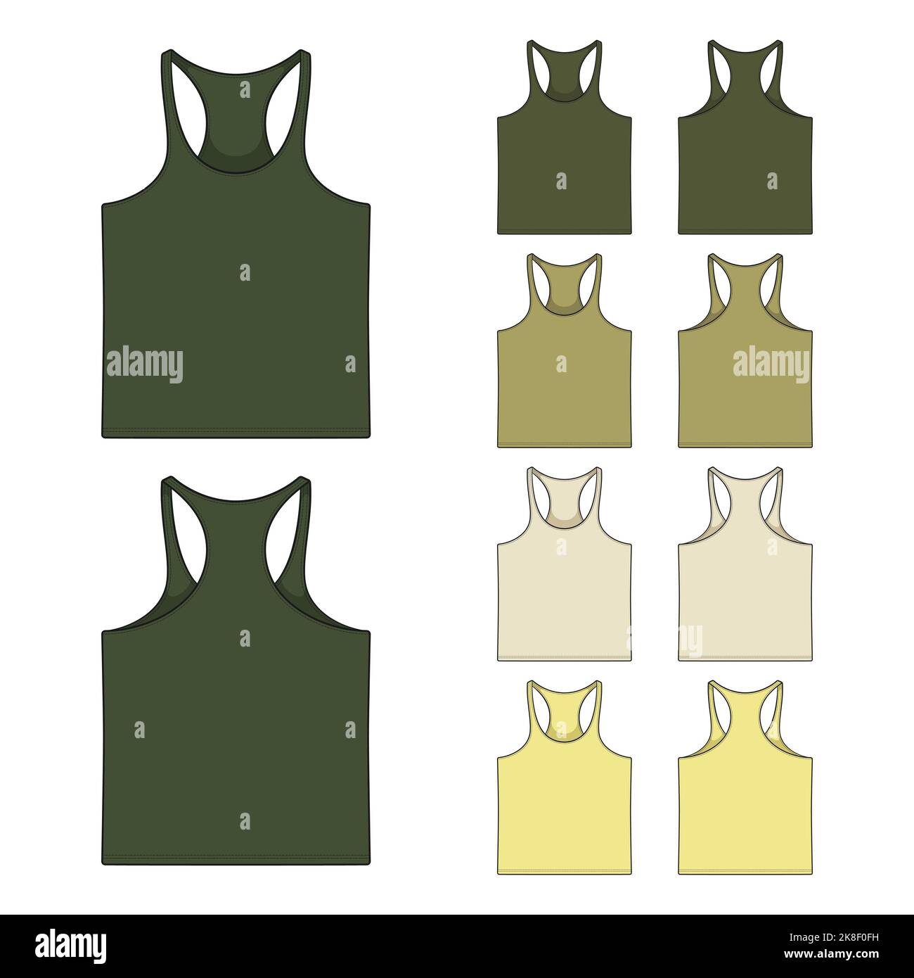 Set di illustrazioni a colori con maglia verde kaki sportiva, camicia per il fitness. Oggetti vettoriali isolati su sfondo bianco. Illustrazione Vettoriale