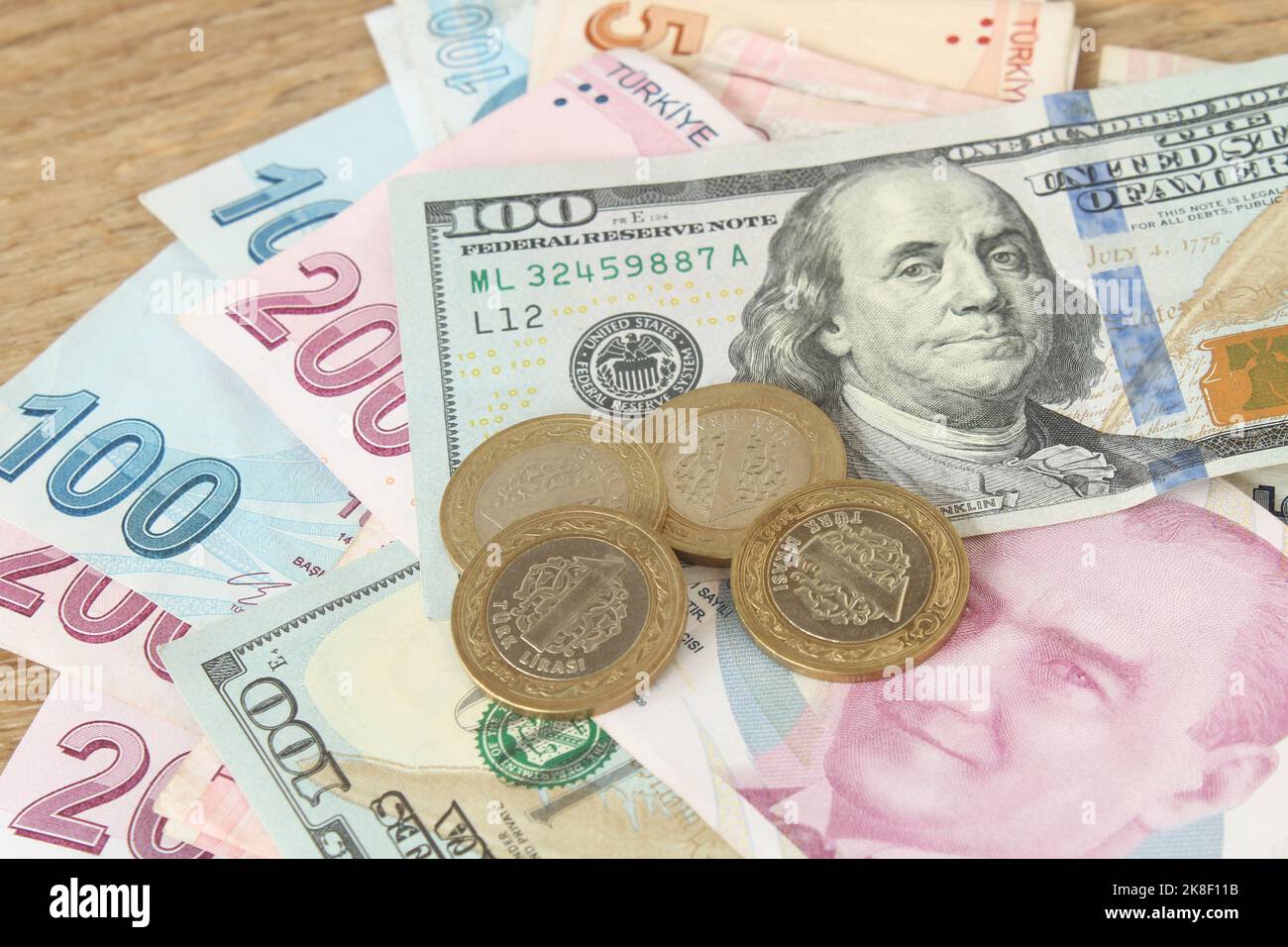 Dollari, lire turche e monete su sfondo di legno. Primo piano. Cambiare o risparmiare idea di concetto di denaro. Foto Stock
