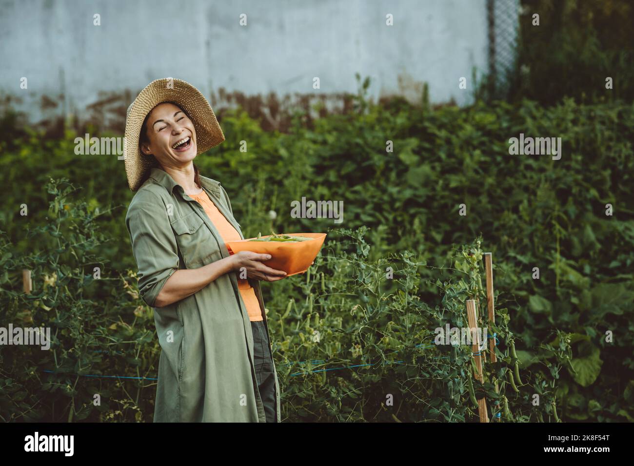 Donna matura con contenitore di piselli verdi che ride al giardino Foto Stock