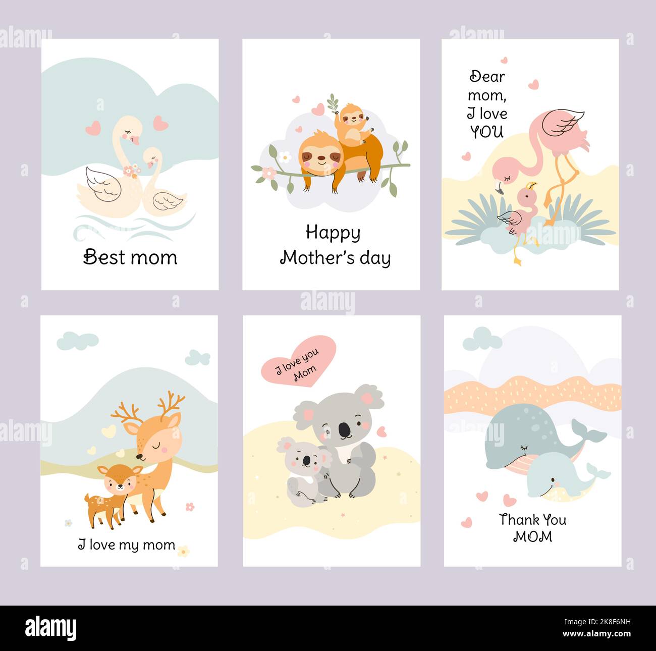 Carino animale madre carte giorno. Cubs e mummy, gli animali del bambino amano la mamma. Personaggi della fauna femminile, divertente cigno koala sloth. Set di vettori per bambini Illustrazione Vettoriale