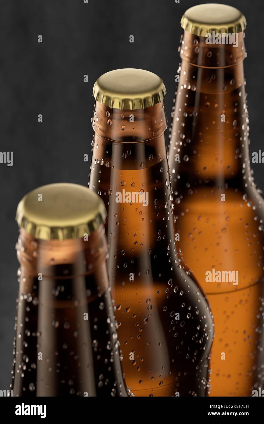Tre bottiglie di birra fredda con gocce, brina e vapore sul nero. Rendering 3D.. Foto Stock