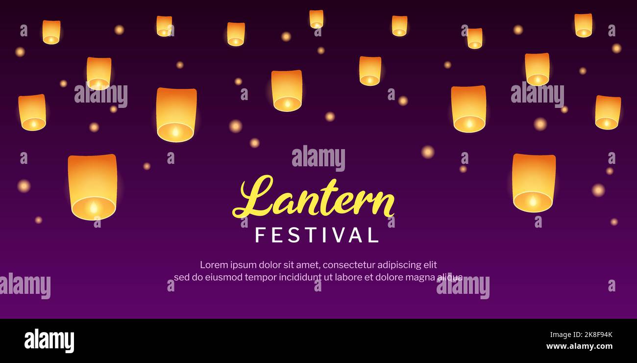 Lanterne galleggianti di notte. Design del banner del festival delle lanterne cinesi o tailandesi. Illustrazione del disegno vettoriale. Illustrazione Vettoriale