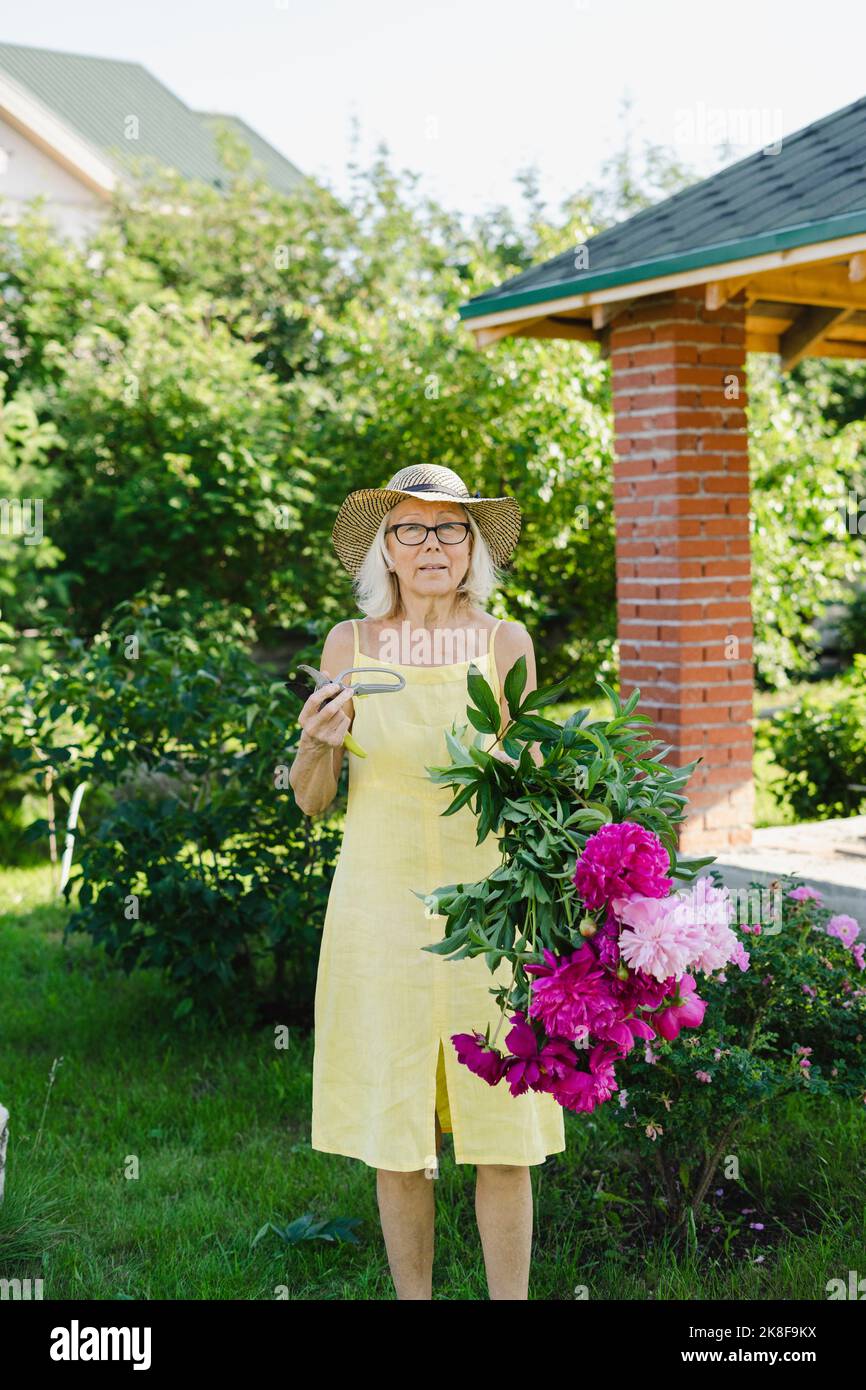 Donna che tiene pruning cesoie e fiori in giardino Foto Stock