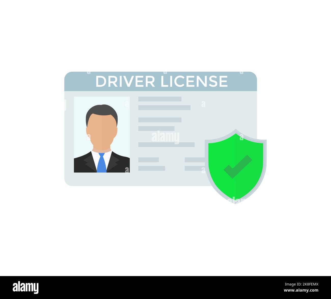 Patente di guida, assicurazione, scudo con logo con segno di spunta. Assicurazione del veicolo, garanzia, noleggio auto, trasporto, manutenzione. Illustrazione Vettoriale