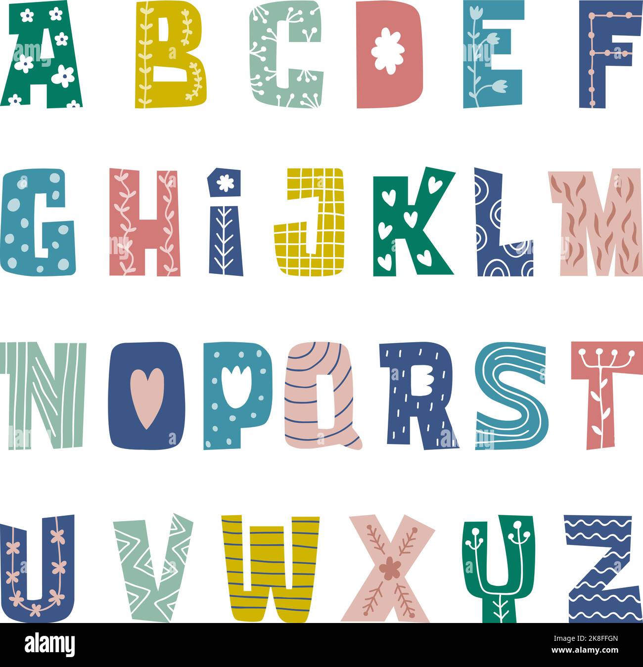 Alfabeto decorativo. Lettere stilizzate con decorazione ornamentale creatività grafica per bambini recenti vettore di modelli di alfabeto comico Illustrazione Vettoriale