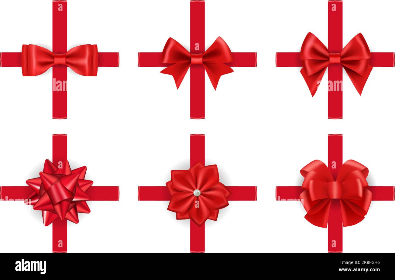 Archi regalo realistici. Nastri di giftbox rosso tessuto, legatura a gifting per decorazioni natalizie regalo Illustrazione Vettoriale