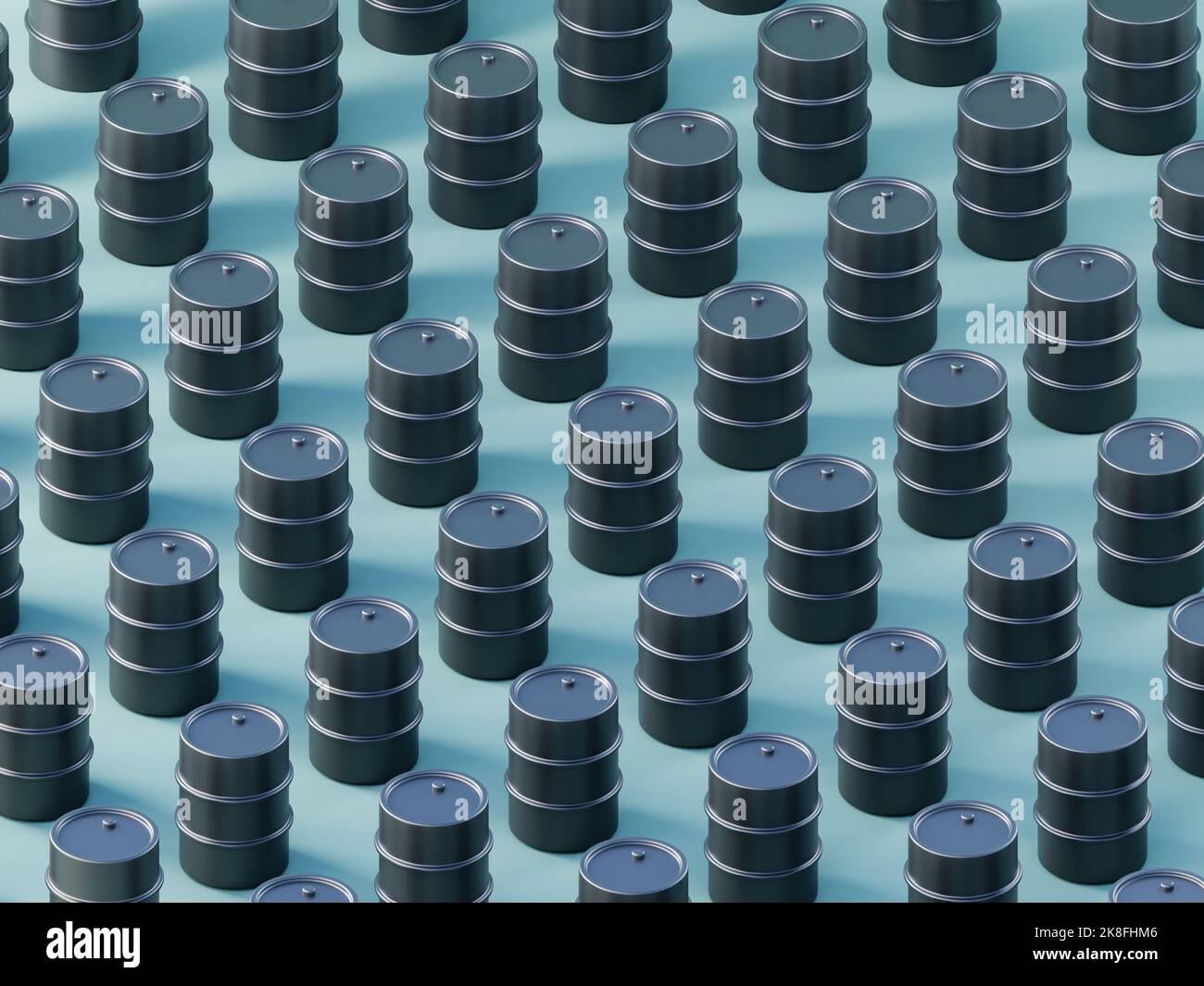 Motivo tridimensionale di tamburi d'olio neri su sfondo blu Foto Stock