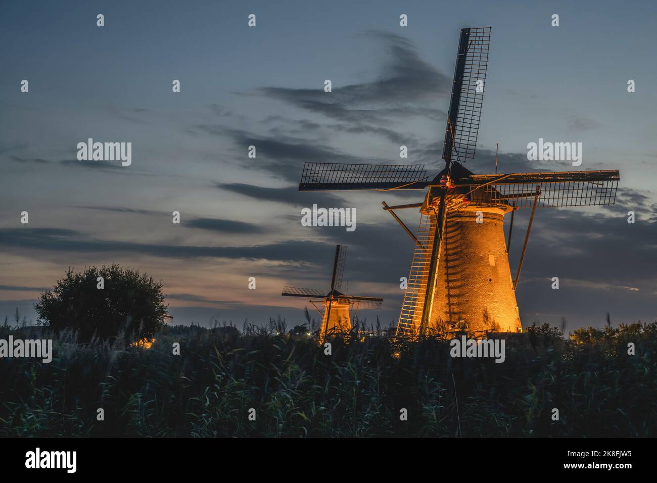 Olanda, Olanda del Sud, Kinderdijk, mulini a vento storici di notte Foto Stock