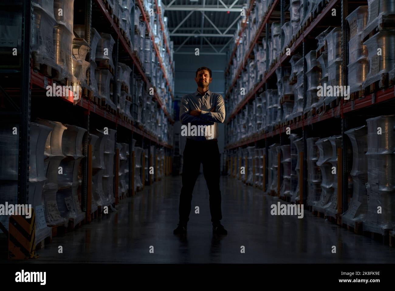 Uomo d'affari in piedi tra scaffali in magazzino Foto Stock