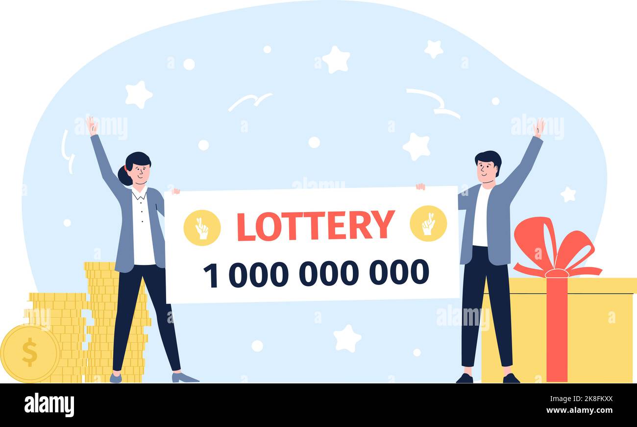 Buon vincitore del jackpot. Gioco della lotteria, le persone che hanno un assegno vincente. Ragazzi fortunati, aziende e investimenti. Vettore piatto recente coppia con grande vittoria Illustrazione Vettoriale