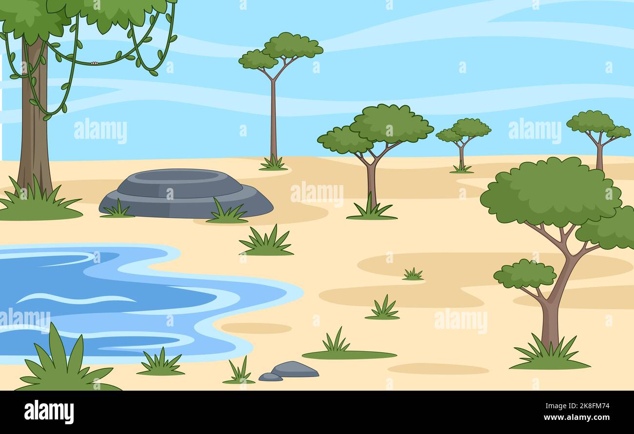 Savannah paesaggio cartone animato. Area africana, deserto o oasi wirt Puddle e albero verde. Vettore vuoto sfondo Africa, posizione del gioco Illustrazione Vettoriale