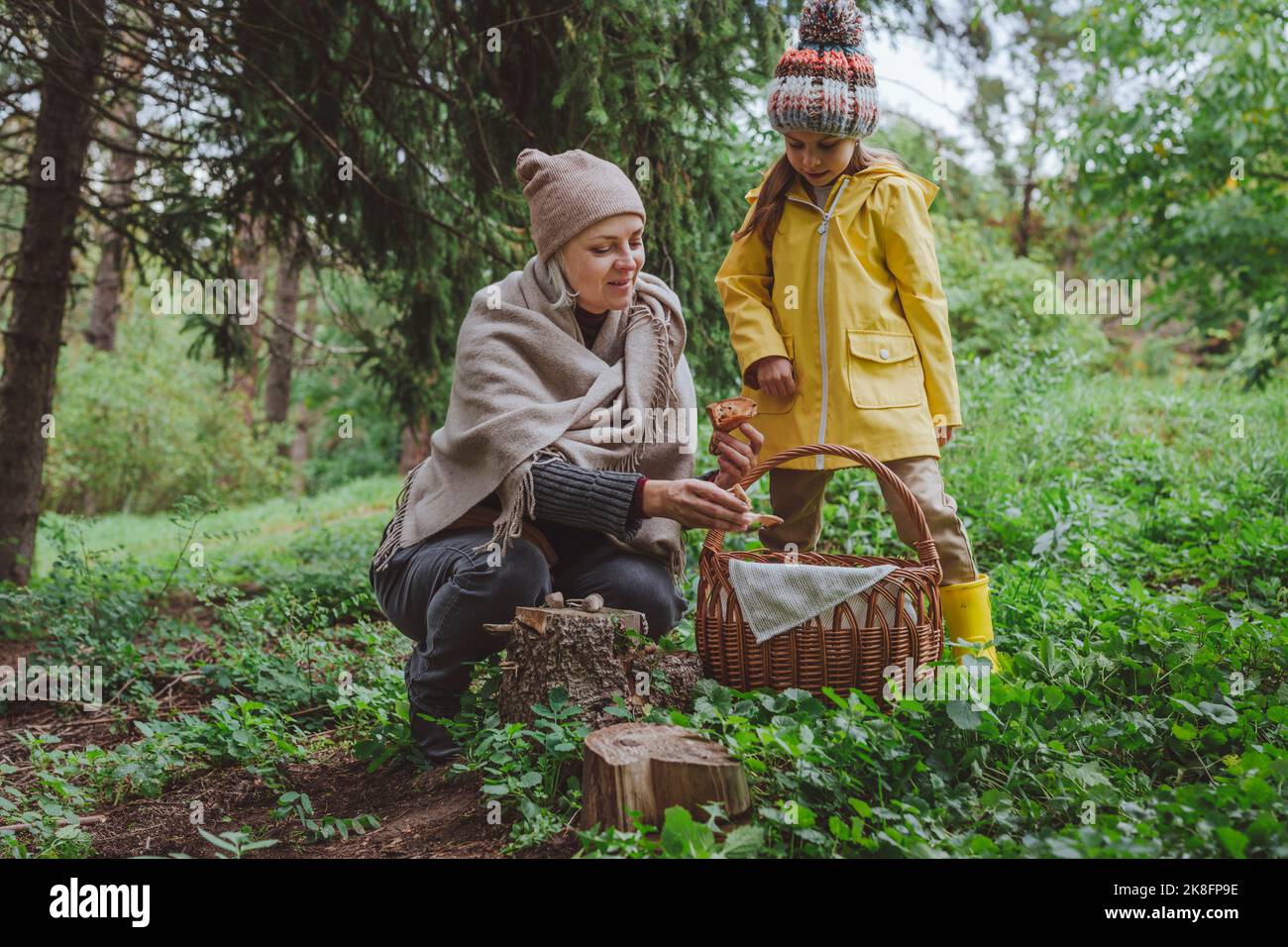 Donna matura con nipote che raccoglie funghi nella foresta Foto Stock