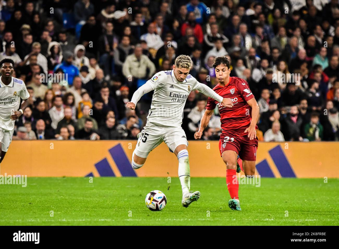 MADRID, SPAGNA - 22 OTTOBRE: Federico Valverde del Real Madrid CF durante la partita tra Real Madrid CF e Sevilla CF della Liga Santander il 22 ottobre 2022 a Santiago Bernabeu di Madrid, Spagna. (Foto di Samuel Carreño/PxImages) Foto Stock
