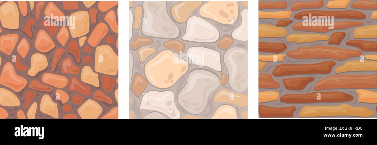Mattonella in pietra cartoon. Gioco pavimentazione muro texture, roccia terra fossile pavimento di ciottoli strada senza cuciture modello castello paesaggio sfondo vecchio grigio ciottoli, ordinata illustrazione vettoriale di texture muro di pietra Illustrazione Vettoriale