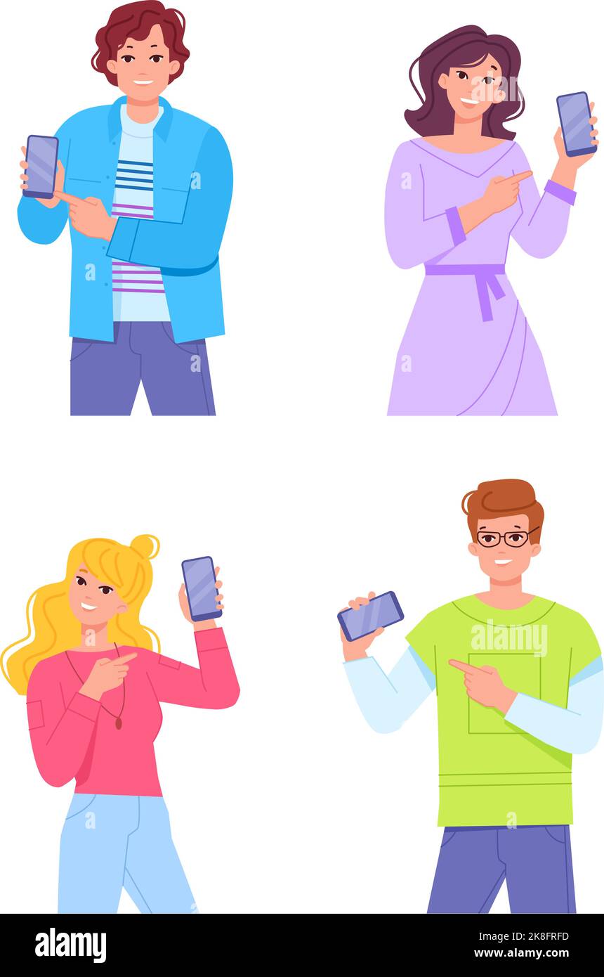 Persone che puntano il telefono. Uomo che mostra guardando sullo smartphone, donna imprenditore che introduce il cellulare, persona che detiene cellulare Smartpoint tecnologia mobile swanky vettore illustrazione di mostrare al dispositivo Illustrazione Vettoriale