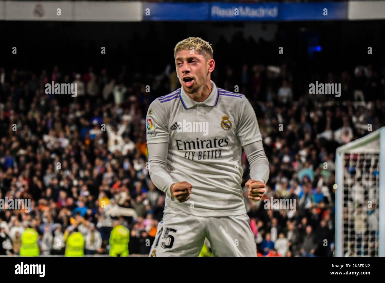 MADRID, SPAGNA - 22 OTTOBRE: Fede Valverde del Real Madrid CF durante la partita tra Real Madrid CF e Sevilla CF di la Liga Santander il 22 ottobre 2022 a Santiago Bernabeu di Madrid, Spagna. (Foto di Samuel Carreño/PxImages) Foto Stock