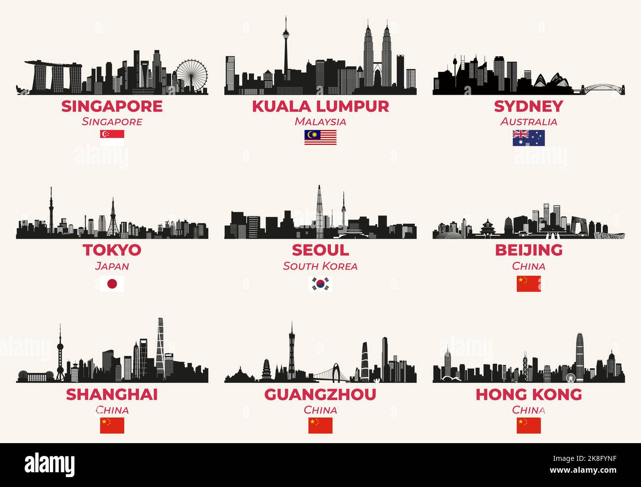 Le città asiatiche skylines silhouettes set vettoriale Illustrazione Vettoriale