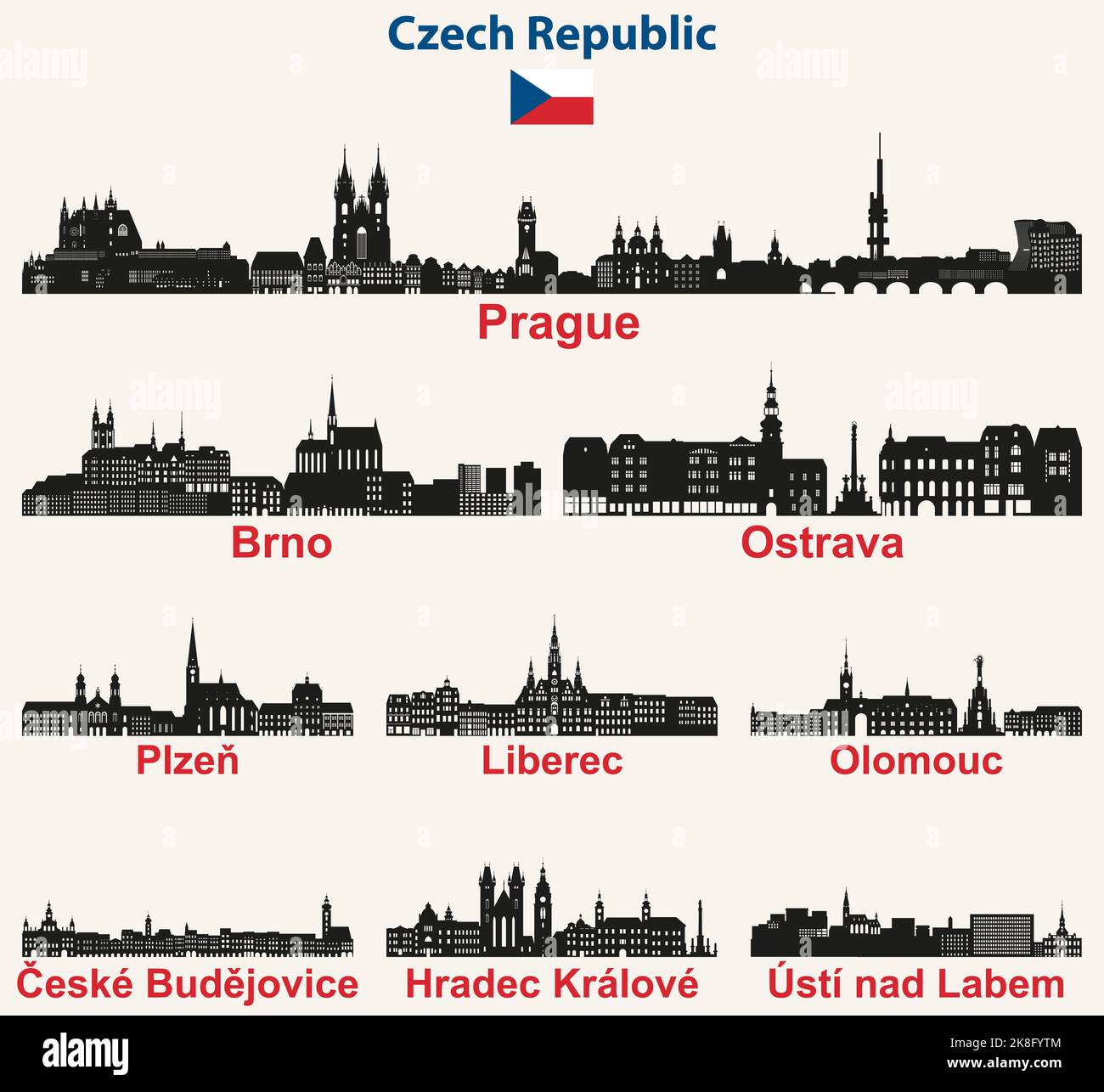 Repubblica Ceca città skylines silhouettes vettore set Illustrazione Vettoriale