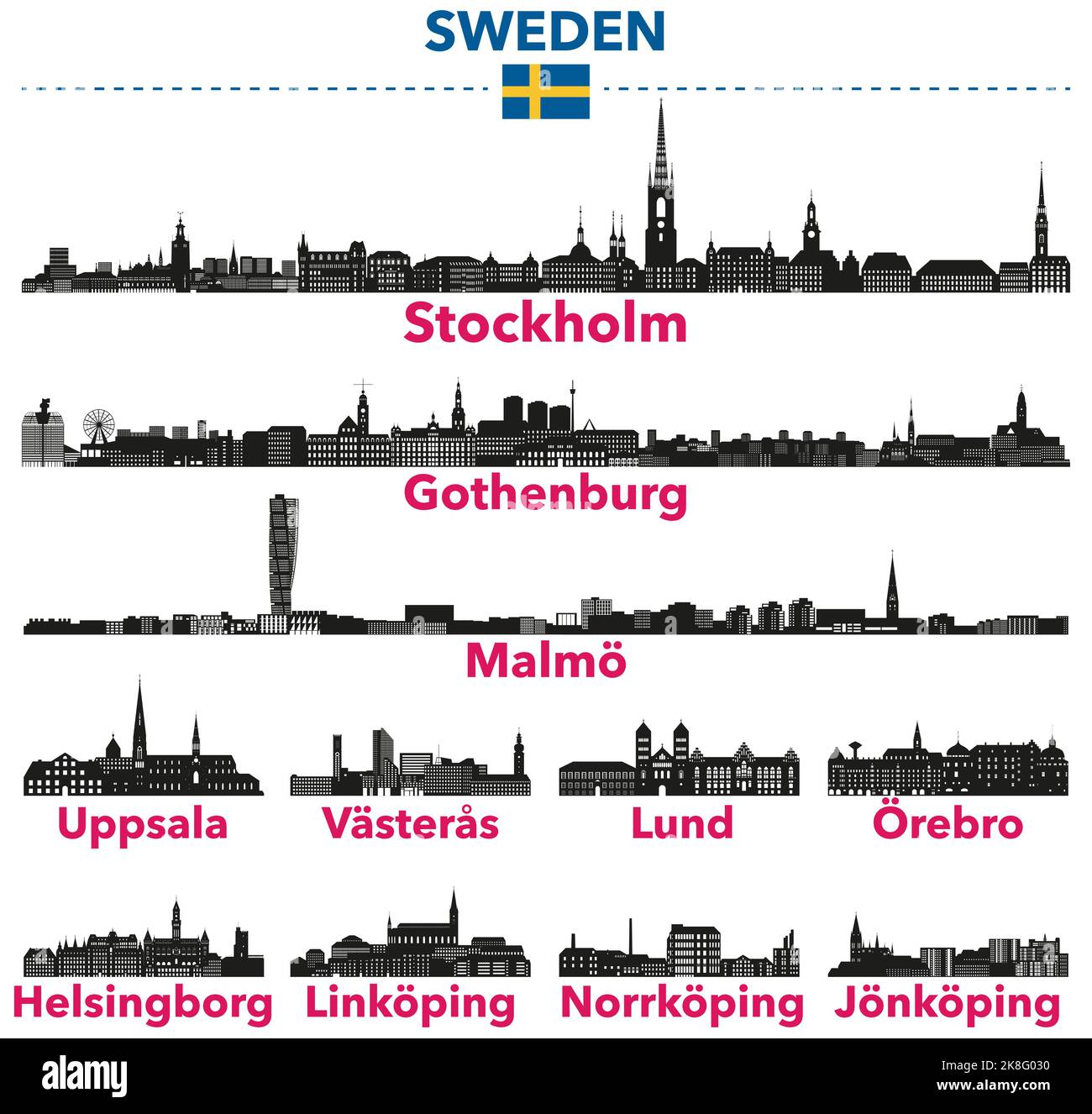 Svezia città skylines silhouettes set vettoriale Illustrazione Vettoriale