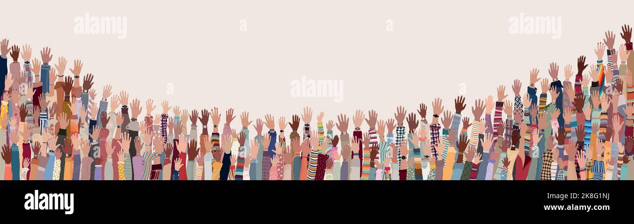 Gruppo mani su di persone diverse.diversità persone multietniche. Uguaglianza razziale. Uomini e donne di diverse culture e nazioni. Armonia di coesistenza. Illustrazione Vettoriale
