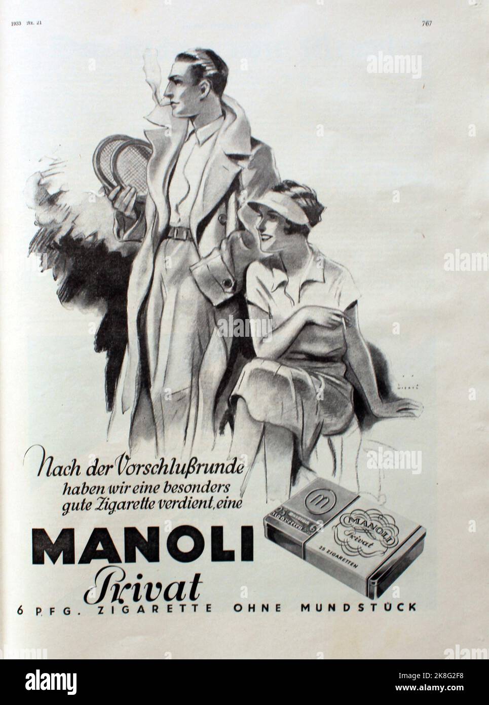 Anzeige der Manoli Zigarettenfabrik Berlin aus dem Jahr 1933 für Zigaretten der Marke 'Manoli privat', die „Meisterzigarette ohne Mundstück“, gestaltet von Jupp Wiertz (1888-1939). Annuncio della fabbrica di sigarette Manoli, Berlino dal 1933 per il marchio Manoli privat, progettato da Jupp Wiertz (1888-1939) Foto Stock